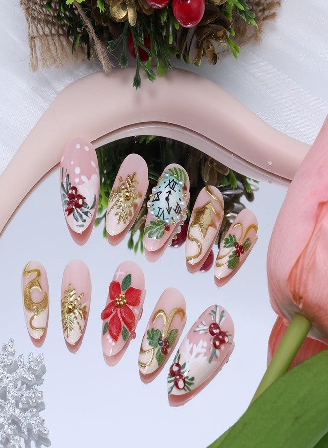 KRTBKR 24Pcs Christmas Press on Nails Medium Almond French Tip Fake Nails Clock with 3D Gold Bead Rhinestones Design Gold Snowflakes Glue on Nails Moon Star False Nails for Women Acrylic New Year Holiday DIY - Image 2